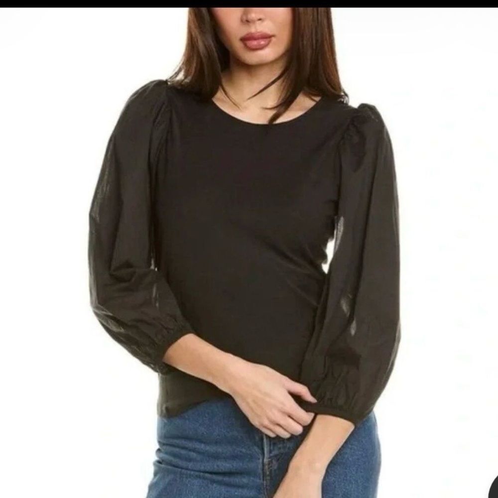 Nation LTD Black Size M Open Back Bow Puff Sleeve Top 100% Peruvian Pima Cotton